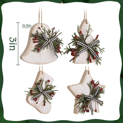 Christmas Decorations Indoor Decor: 12pcs Rustic Wood Christmas Tree Decorations, Boho Farmhouse Whitewash Hanging Ornaments with Plaid Bows Pine Branches for Kids Home Office Fireplace Garland