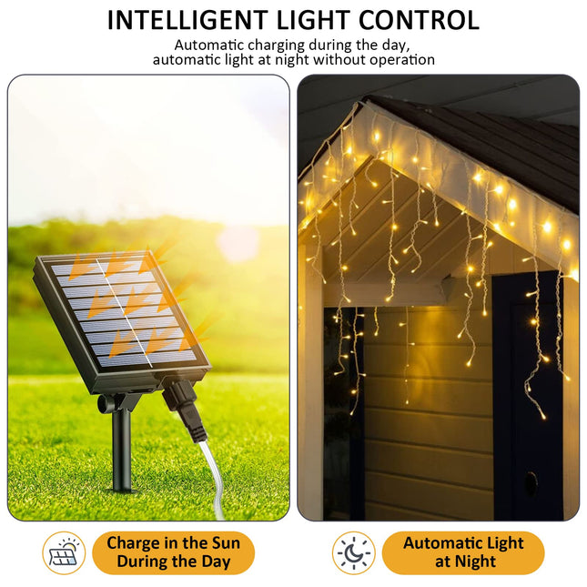 JIMACRO Solar String Lights, 32pcsx2.6FT 256 LED Curtain Lights with Remote, 23FT Waterproof Fairy Curtain Lights for Backdrop, 8 Modes Christmas LED Fairy Lights for Wall Eaves Wedding Party Decor