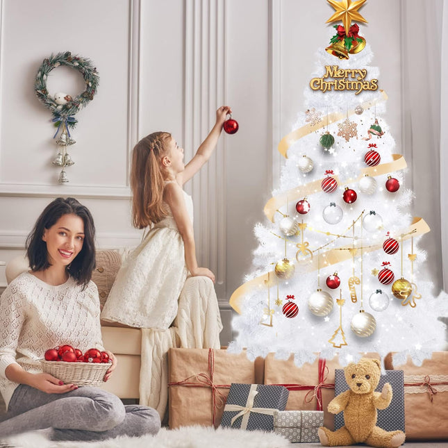 Christmas Decorations, Uten Christmas Tree 6FT, Artificial Christmas Tree with 300 Warm White, Solid Metal Foldable Stand & 600 Branches, Easy Assembly for Home