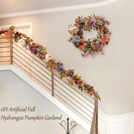Artgar Fall Garland - Fall Decor - 6 Ft Hydrangea Pumpkin Garland - Maple Leaf Garland with Hydrangeas Dahlias for Porch Mantel Staircase Table Decor for Fall Thanksgiving Farmhouse Decor