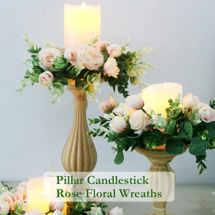 4 Pcs Artificial Rose Candle Rings - Floral Wreaths with Eucalyptus Leaves Greenery Garland for Pillar Candle Lantern Wedding Centerpiece Party Home Table Decor(Champagne)