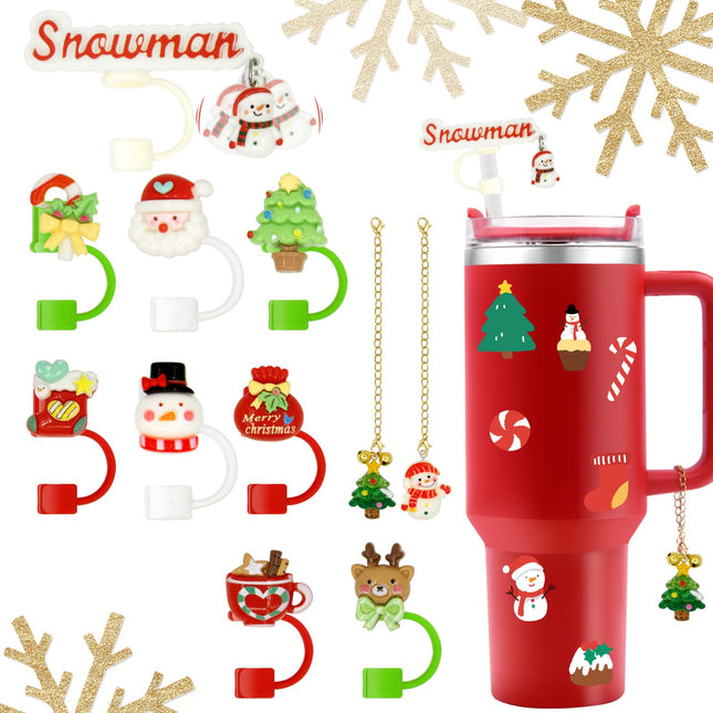 11Pcs Christmas Straw Cover Cap for Stanley Cup 10mm Silicone Holiday Straw Topper with Xmas Handle Charms for Stanley 30/40 Oz Tumbler Accessories Reusable Straw Tip Lids for Christmas s Decor