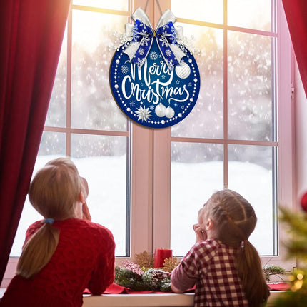 Qunclay Blue Christmas Decorations Round Snow Wooden Hanging Sign Christmas Wreath for Front Door Blue and Silver Wreath Sign with Bow Winter Christmas Wreath Sign for Door Wall Window Home Decor