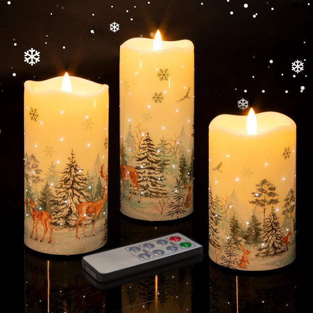 Eywamage Forest Deer Fiber Optic Flameless Pillar Candles with Remote, Flickering Christmas LED Battery Candles Set of 3