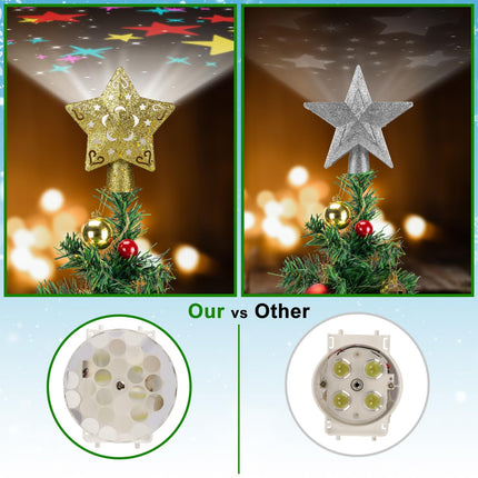 Christmas Tree Topper Lighted Star with 4 Pattern Projection Modes, Tree Topper Christmas Decorations Built-in LED Projection Light, 3D Hollow Gold Star Tree Toppers for Christmas Tree Decorations