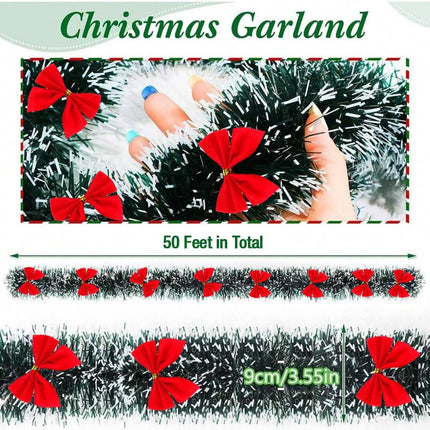 50Ft Christmas Garland, Christmas Tinsel Garland with 37 Red Bows for Indoor Outdoor and Home Decor, Christmas Metallic Twist Garland Xmas Tree Decorations for Holiday Wedding Party Supplies (Green)