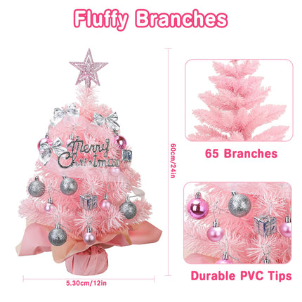 Pink Small Christmas Tree - 2 FT Mini Christmas Tree with LED Lights Tree Topper Pink Small Ornaments - Table Top Little Artificial Christmas Tree 24" Tiny Xmas Tree Christmas Decorations Indoor
