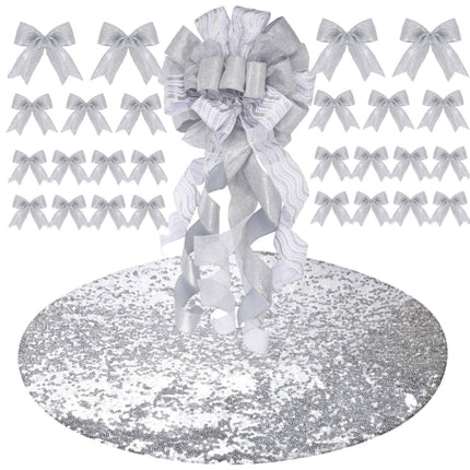 38 Pieces 40 Inch Christmas Tree Skirt Include 34 x 12 Inch Large Christmas Tree Topper Bow Small Glitter Bow Christmas Decor for Christmas Tree Accessories(Silver)