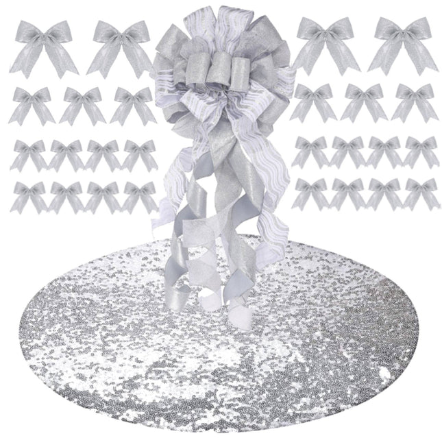 38 Pieces 40 Inch Christmas Tree Skirt Include 34 x 12 Inch Large Christmas Tree Topper Bow Small Glitter Bow Christmas Decor for Christmas Tree Accessories(Silver)