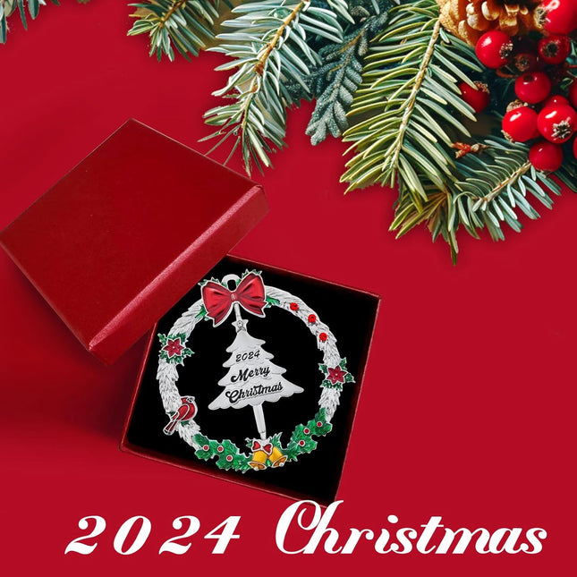 Christmas Ornaments Decoration,Metal Christmas Wreath Hanging Ornaments for Tree,with Rotatable Tree Dated Shiny Silver Ornaments Holiday Decorative Xmas s for Family Friends