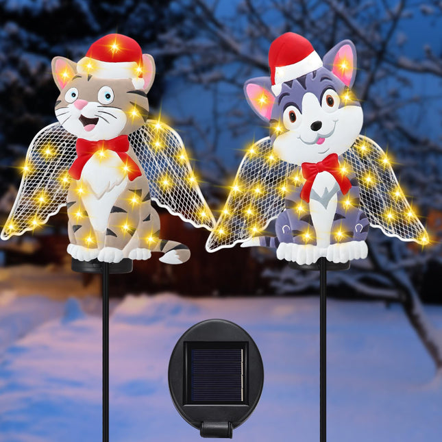 2 Pack Solar Christmas Stake Lights, LED Christmas Decorative Stakes Metal Cat with Santa Hat for Outdoor Xmas Pathway Lights Holiday Lawn Yard Garden Decoration, 32 Inches