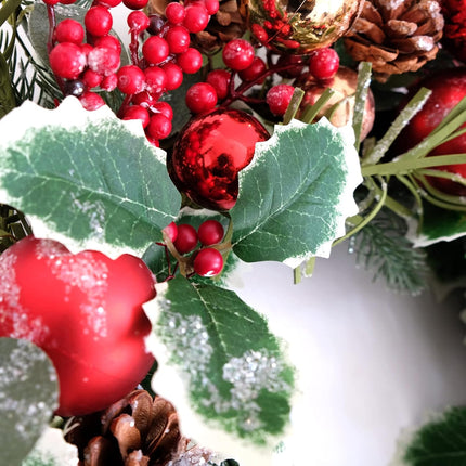 18 Inch Christmas Shatterproof Eucalyptus Pine Wreath for Front Door, Winter Green and Red Holly Berries Home Wreath, Xmas Home Decor Wreath with Christmas Balls