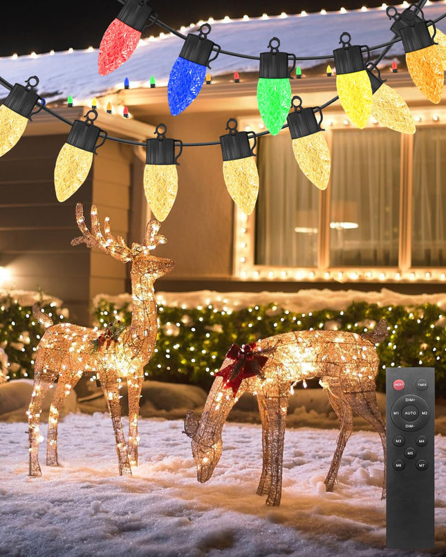 CUBE C9 Christmas Lights Outdoor, 50FT Extendable C9 Outdoor Christmas Lights Warm White&Multicolor with 50 Bulbs, Remote, 8 Modes, Dimming, Waterproof Christmas Lights C9 for Xmas Party Decor