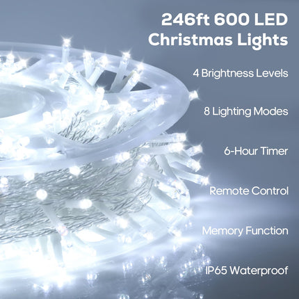 600 LED Christmas Lights, 246FT Outdoor Waterproof String Lights with Remote, Timer & Memory Function & 8 Modes, Twinkle Lights Plug in for Christmas Tree, Patio, Outside, Indoor, Cold White…