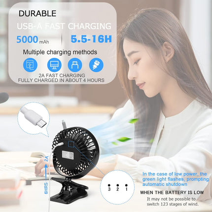 Clip Fan 5000Mah Rechargeable Battery Mini Fan With Clip On Fan Sturdy Clamp 3 Speeds Portable Tent Camping Fan Handheld Small