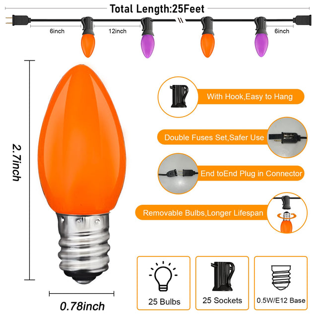 25FT C7 LED Purple Orange String Lights, Halloween Outdoor String Lights with 27 C7 LED Bulbs(2 Spare), Halloween Hanging Outdoor Lights for Patio, Backyard, Halloween Party Decoration, Black Wire