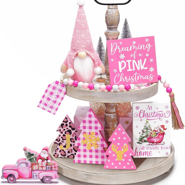 Pink Christmas Tiered Tray Decor 8 PCS Pink Christmas Decorations Indoor - Believe Christmas Wooden Signs & Pink Christmas Gnome Plush Set - Christmas Table Decor Tier for Home Kitchen Mantel
