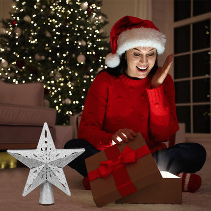 Star Christmas Tree Topper Lighted with 6 Projection Modes - Spark Christmas Decorations Treetop LED Rotating Glitter Decor(Silvery)
