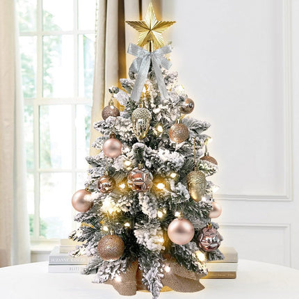 Mini Christmas Tree 2ft Tabletop Small Christmas Tree, Table Top Artificial Snow Flocked Arbol de Navidad Xmas Tree with Christmas Decorations for Home Apartment Office Desk