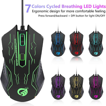 Multiple Color LED Rainbow Backlit Wired Gaming Keyboard and Mouse Combo, USB Ergonomic Computer Keyboard with 7 Colors 3600DPI 6 Button Mouse for PC Windows Mac Game and Work