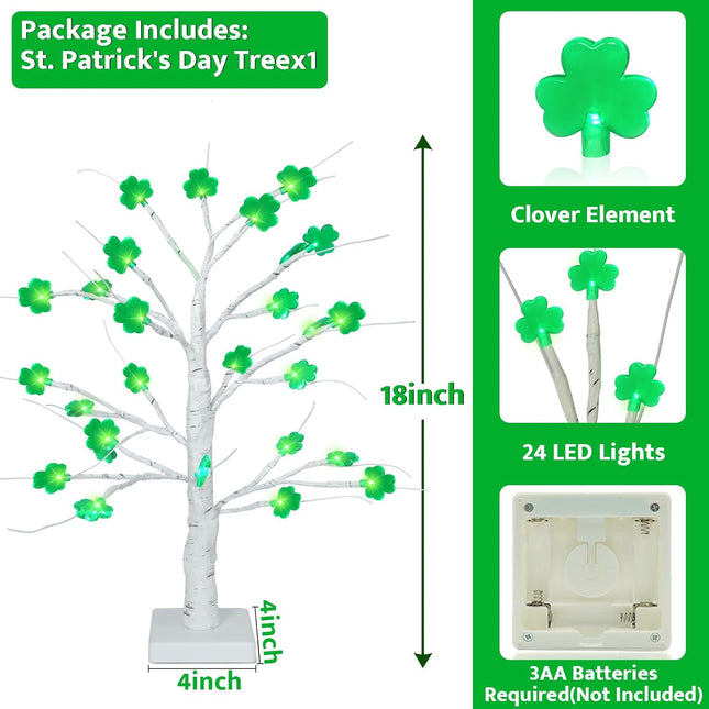 18 Inch Shamrock Tree Lights St Patricks Day Decorations with Timer, Saint Patricks Day Decor Lighted Tree with 24 LED Shamrock Lights, Battery Operated St. Patrick's Day Lights for Home Table Party