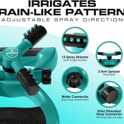 Joeys Sprinkler for Yard, Rotating Garden Sprinkler with 3 Adjustable Arms, Weighted Base, Expandable Connection, Lawn and Yard Sprinklers (Green)