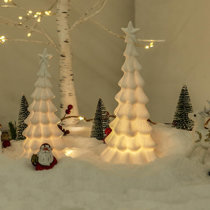 Ceramic Christmas Tree That Light Up, 2 Pack Lighted Porcelain Christmas Tree with Star, Matte White Small Xmas Tree Table Centerpiece Xmas Tree Figurines for Tabletop Decor