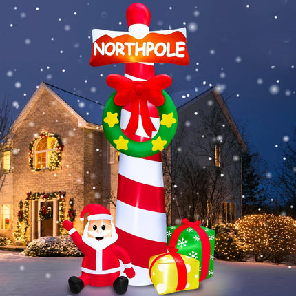 TURNMEON 12 Feet Giant Christmas Inflatable Outdoor Decorations North Pole Guidepost with Wreath Santa Claus Box Built-in LED Lights Blow Up Lawn Outside Yard Garden Party Decor
