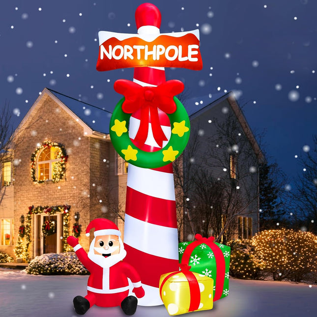 TURNMEON 12 Feet Giant Christmas Inflatable Outdoor Decorations North Pole Guidepost with Wreath Santa Claus Box Built-in LED Lights Blow Up Lawn Outside Yard Garden Party Decor