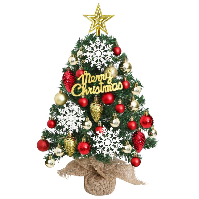 24Inch Mini Table Top Christmas Tree with 30LED Lights Small Christmas Tree with Star Treetop Snowflakes and 30 Ball Ornaments Prelit Desk Christmas Tree for DIY Xmas Tree Christmas Decor
