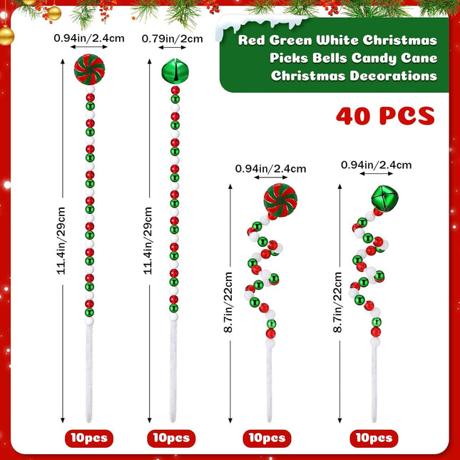 Liliful 40 Pcs Candy Cane Christmas Decoration Red Green Christmas Hanging Ornaments Including Plastic Twisted Lollipop Strips and Bells Strips for Xmas Holiday Table Centerpiece(Red, Green)