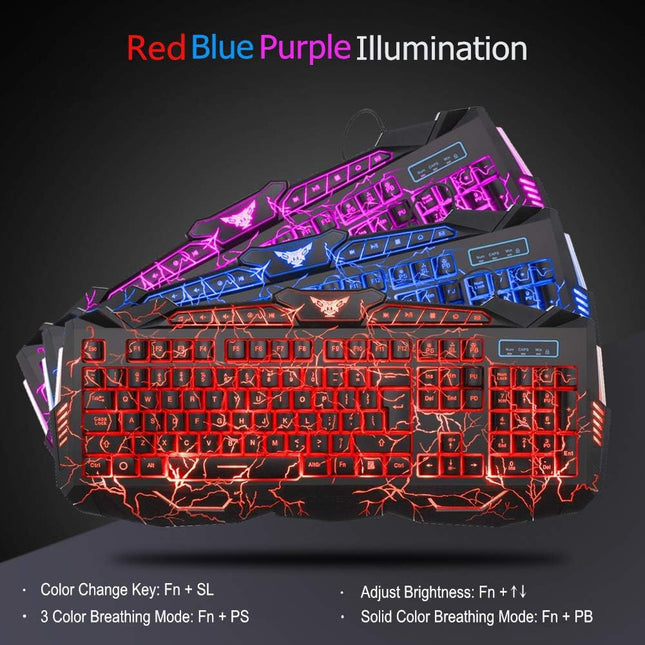 Gaming Keyboard Mouse Headset Combo,USB Wired Crack Backlit Keyboard,114 Keys Letters Glow LED Keyboard,Red LED Light Headset for Laptop PC Computer Work and Game