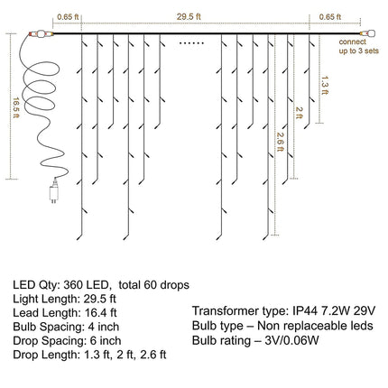 Dazzle Bright 360 LED Christmas Icicle Lights, 29.5 FT 8 Modes Curtain Fairy Lights with 60 Drops, Connectable Xmas String Lights for Outside Holiday Wedding Party Decorations (White)