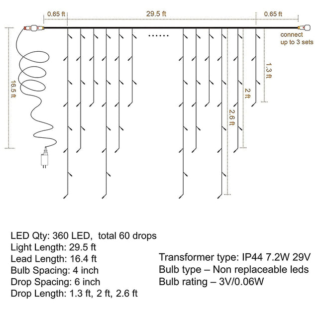 Dazzle Bright 360 LED Christmas Icicle Lights, 29.5 FT 8 Modes Curtain Fairy Lights with 60 Drops, Connectable Xmas String Lights for Outside Holiday Wedding Party Decorations (White)