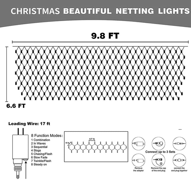 Dazzle Bright Christmas 200 LED Net Lights, 9.8 FT x 6.6 FT Connectable Mesh Lights with 8 Lighting Modes, Christmas Decorations for Indoor Outdoor Bush Yard Garden Decor (Warm White)