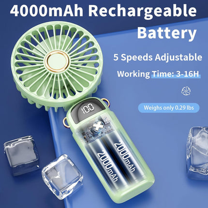 Portable Handheld Fan Rechargeable, Mini Hand Held Personal Fan 4000Mah Battery Operated Desk Fan With Base, Led Display,5 Speeds