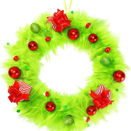 Lyrow Christmas Wreath Green Elf Wreath 20 Inch Lime Green Plush Xmas Door Wreath Elf Wreath Winter Wreath with Mini Christmas Balls, Boxes for Front Door Wall Window Fireplace Door Tree Decor