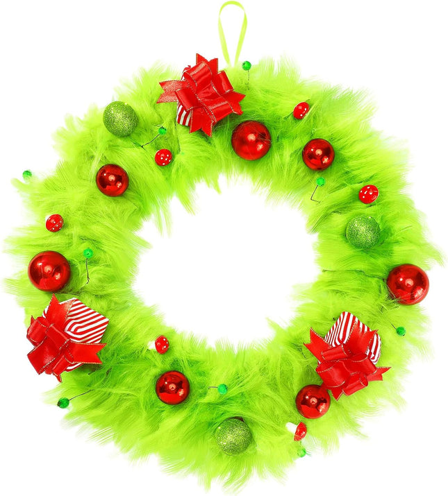 Lyrow Christmas Wreath Green Elf Wreath 20 Inch Lime Green Plush Xmas Door Wreath Elf Wreath Winter Wreath with Mini Christmas Balls, Boxes for Front Door Wall Window Fireplace Door Tree Decor