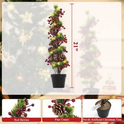 HiiARug 2 Packs Pre-lit Artificial Mini Christmas Tree, 21" Pre-lit Christmas Tree Tabletop Trees with Pine Cones, Red Berries, Pot Faux Christmas Tree for Front Porch Indoor Outdoor Christmas Decor