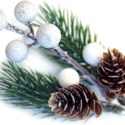 OLYPHAN White Christmas Berries/Berry Stems w. Pine Branches & Artificial Pine Cones/White Holly Spray/Wreath Picks for Winter Decor, Holiday Crafts, Xmas Decorations/Decorative Pick (Snow)