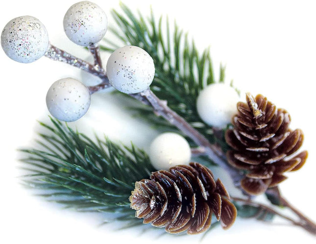 OLYPHAN White Christmas Berries/Berry Stems w. Pine Branches & Artificial Pine Cones/White Holly Spray/Wreath Picks for Winter Decor, Holiday Crafts, Xmas Decorations/Decorative Pick (Snow)
