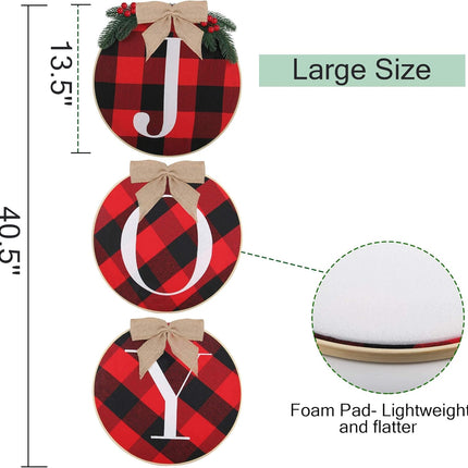 Christmas Joy Wreath for Front Door - Rustic Wooden Buffalo Plaid Xmas Wreath, 14Inch Large Sign for Indoor Home Window Wall Farmhouse Party Decor