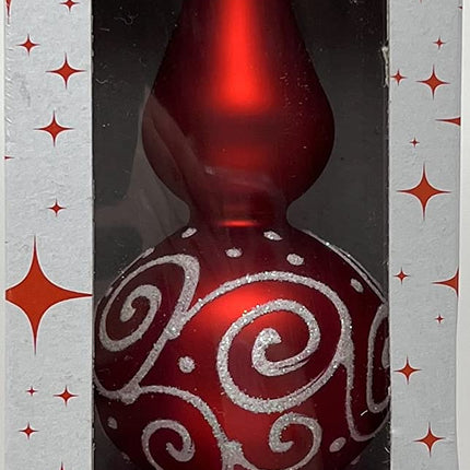 Christmas Tree Topper Spitz Glass Blown, Hand-Decorated White Embellishments (12 Inch, Red Matt)