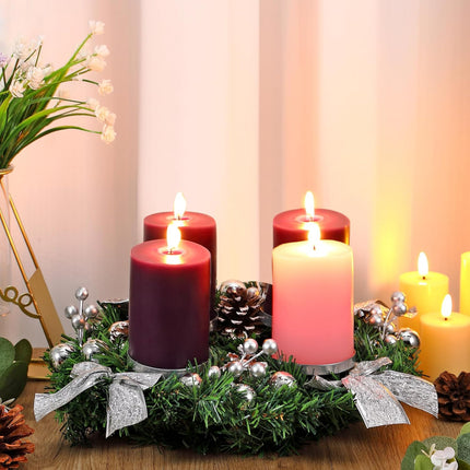 Hotop 5 Pcs Christmas Advent Wreath with Candle Holder Traditional Advent Wreath Candleholder Stand Set Xmas Wreath Decoration with 4 Advent Candles Pine Cone Garland for Church Centerpiece(Silver)