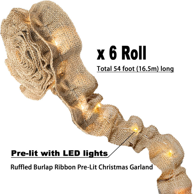 Jishi Pre-Lit Christmas Decorations Garland 9 Ft Burlap Ribbon for Christmas Tree, 6-Rolls LED Lighted Burlap Garland for Christmas Tree, Rustic Boho Natural Jute Vintage Country Farmhouse Home Decor
