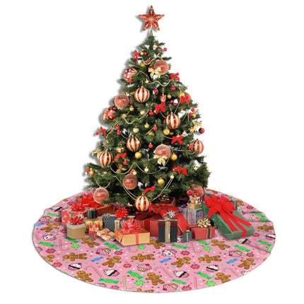 Cute Gingerbread Candy Christmas Tree Skirt 36 Inches Pink Santa Tree Skirts Farmhouse Xmas Tree Mat Ornaments Decorations