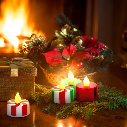 MTLEE 24 Pack Christmas Tealights Candles LED Flameless Tea Lights Candy Cane Striped Red Green Tealight Warm Yellow Tealight Votive Candles for Parties, Weddings, Birthdays and Home Decor
