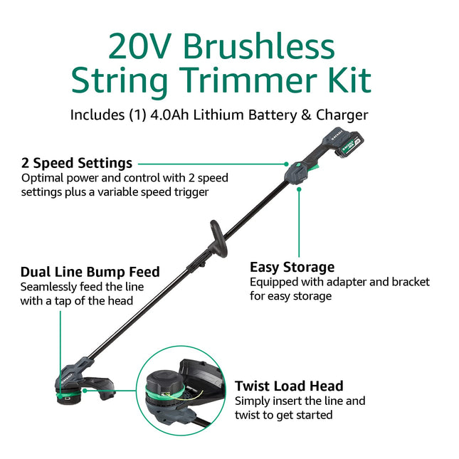 Amazon Brand - Denali by SKIL 20V Brushless 13-Inch String Trimmer Kit, Includes 4.0Ah Battery & Charger