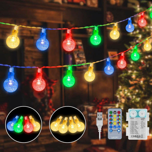Chistmas String Fairy Lights Outdoor Waterproof, USB Powered Colorful 10 Modes 59FT 100LED Globe String Lights with Remote, Timer, for Outdoor/Indoor, Xmas Tree Deco