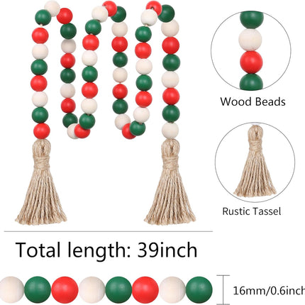 Christmas Wood Bead Garland,39in Farmhouse Beads with Tassels Christmas Tiered Tray Decor Wall Hanging Home Ornaments for Christmas Tree Decorations